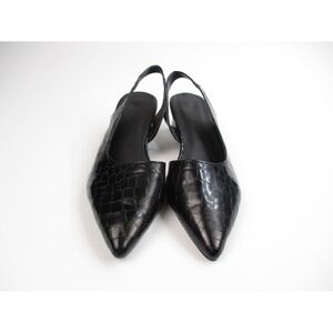 Women's Black Croc Embossed Slingback Heels – Pointed Toe, Block Heel Pumps –